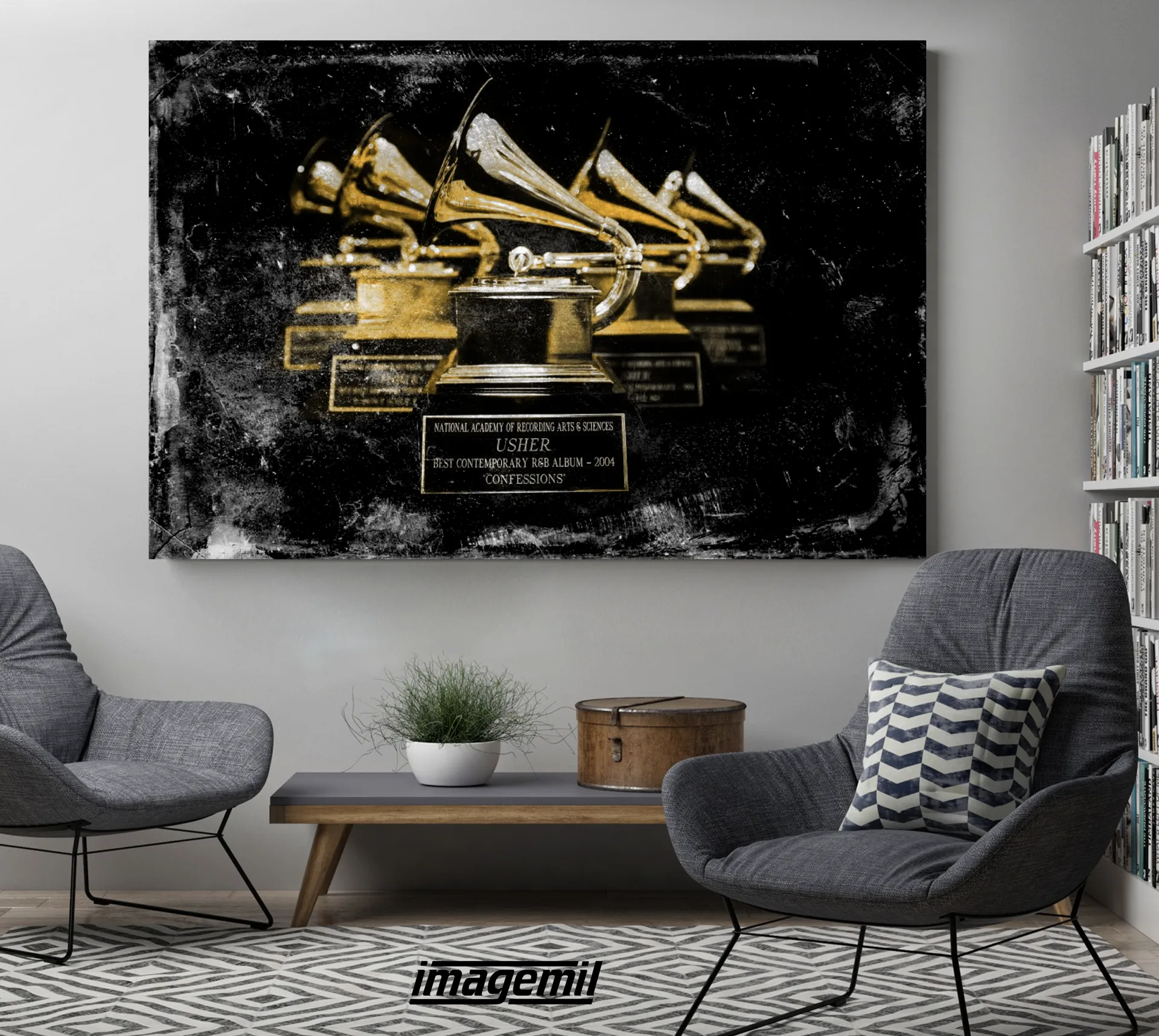 A wall of framed photographs from Grammy nights