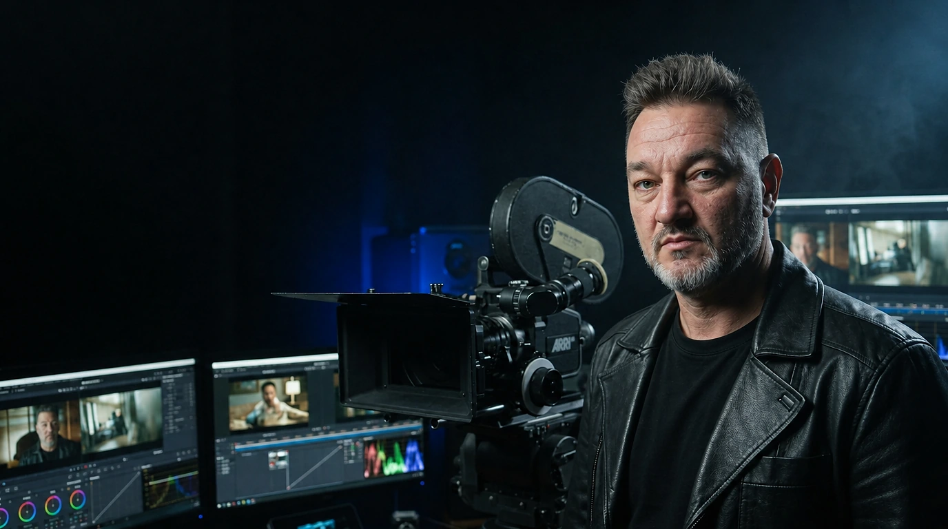 Mil Cannon in an edit suite beside a motion-picture camera
