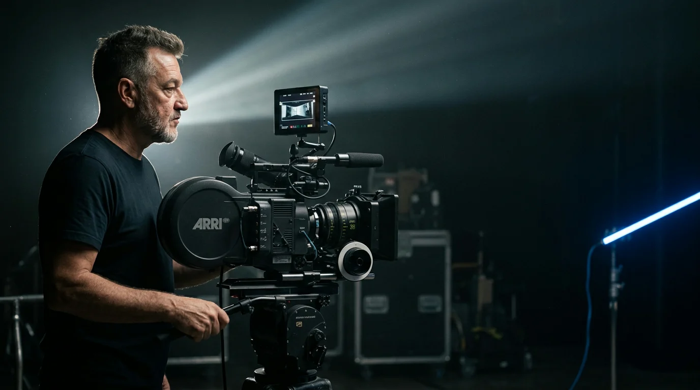 Mil Cannon directing beside a motion-picture camera on a cinematic soundstage